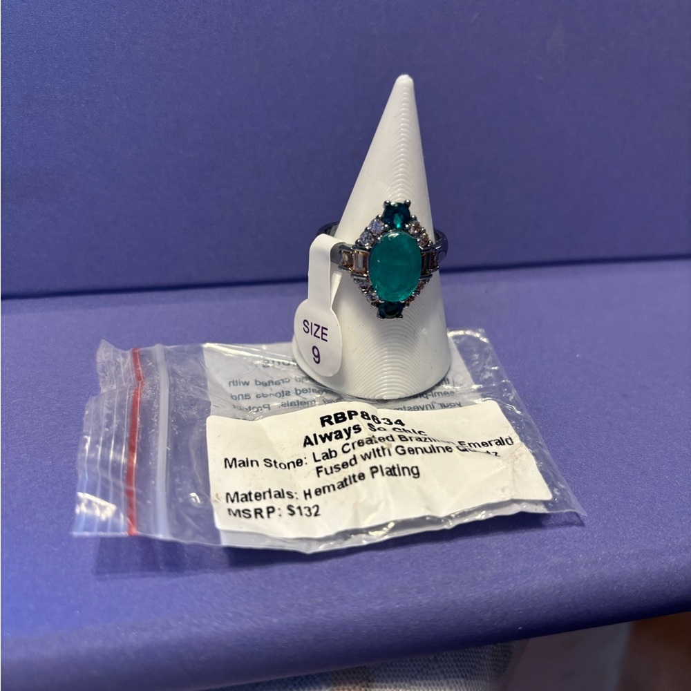 Elegant Emerald Ring with Hematite Plating